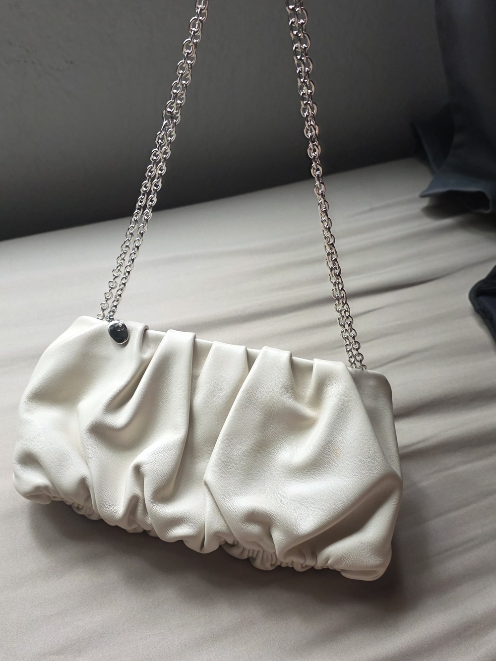 Staud White Ruched Shoulder Bag with Silver Chain